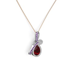 Ametist ve garnet 8 ayar beyaz altın kolye (40 cm rose altın rolo zincir)
