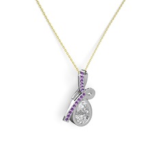 Ametist ve swarovski 18 ayar beyaz altın kolye (40 cm gümüş rolo zincir)