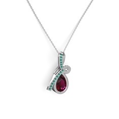 Kök zümrüt ve rodolit garnet 14 ayar beyaz altın kolye (40 cm beyaz altın rolo zincir)