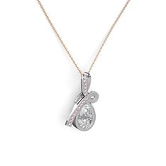 Pembe kuvars ve swarovski 8 ayar beyaz altın kolye (40 cm rose altın rolo zincir)