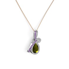 Ametist ve peridot 14 ayar beyaz altın kolye (40 cm gümüş rolo zincir)