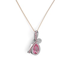 Kök yakut ve pembe kuvars 8 ayar beyaz altın kolye (40 cm rose altın rolo zincir)