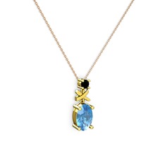 Oval Taşlı X kolye - Akuamarin ve siyah zirkon 14 ayar altın kolye (40 cm gümüş rolo zincir) #105vwze