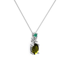 Oval Taşlı X kolye - Peridot ve kök zümrüt 18 ayar beyaz altın kolye (40 cm beyaz altın rolo zincir) #10aag0r