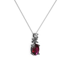 Oval Taşlı X kolye - Rodolit garnet ve pırlanta 925 ayar siyah rodyum kaplama gümüş kolye (0.24 karat, 40 cm beyaz altın rolo zincir) #10dxyih