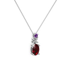 Oval Taşlı X kolye - Garnet ve ametist 18 ayar beyaz altın kolye (40 cm beyaz altın rolo zincir) #10fm4wh