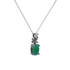 Oval Taşlı X kolye - Kök zümrüt ve beyaz zirkon 925 ayar siyah rodyum kaplama gümüş kolye (40 cm beyaz altın rolo zincir) #10gqxn