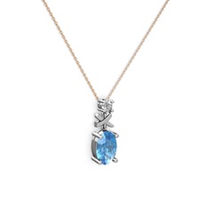 Oval Taşlı X kolye - Akuamarin ve beyaz zirkon 18 ayar beyaz altın kolye (40 cm rose altın rolo zincir) #10k031w