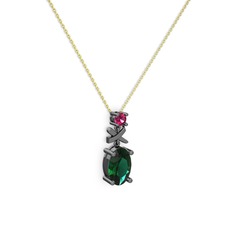 Oval Taşlı X kolye - Yeşil kuvars ve rodolit garnet 925 ayar siyah rodyum kaplama gümüş kolye (40 cm altın rolo zincir) #10ljiqn
