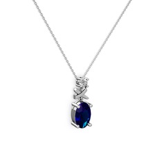 Oval Taşlı X kolye - Lab safir ve swarovski 14 ayar beyaz altın kolye (40 cm beyaz altın rolo zincir) #10ot1tc