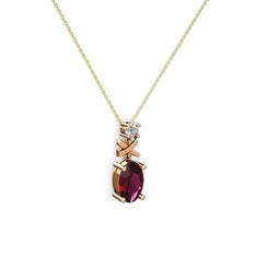 Oval Taşlı X kolye - Rodolit garnet ve pırlanta 18 ayar rose altın kolye (0.24 karat, 40 cm altın rolo zincir) #10sl4da