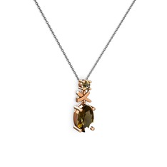 Oval Taşlı X kolye - Dumanlı kuvars 14 ayar rose altın kolye (40 cm gümüş rolo zincir) #1187w15