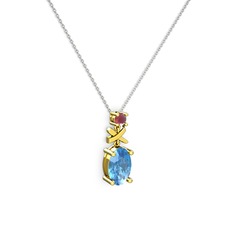 Oval Taşlı X kolye - Akuamarin ve kök yakut 18 ayar altın kolye (40 cm beyaz altın rolo zincir) #11amcsc