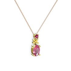 Oval Taşlı X kolye - Pembe kuvars ve rodolit garnet 18 ayar altın kolye (40 cm rose altın rolo zincir) #11nskhf