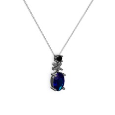 Oval Taşlı X kolye - Lab safir ve siyah zirkon 925 ayar siyah rodyum kaplama gümüş kolye (40 cm gümüş rolo zincir) #11pzv2r