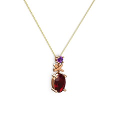 Oval Taşlı X kolye - Garnet ve ametist 18 ayar rose altın kolye (40 cm altın rolo zincir) #11qtc36