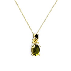Oval Taşlı X kolye - Peridot ve siyah zirkon 14 ayar altın kolye (40 cm altın rolo zincir) #11tqkn