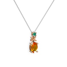 Oval Taşlı X kolye - Sitrin ve kök zümrüt 14 ayar rose altın kolye (40 cm beyaz altın rolo zincir) #11tzjt6