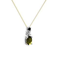 Peridot ve siyah zirkon 8 ayar beyaz altın kolye (40 cm altın rolo zincir)