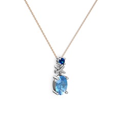 Oval Taşlı X kolye - Akuamarin ve lab safir 14 ayar beyaz altın kolye (40 cm gümüş rolo zincir) #12f2fxk