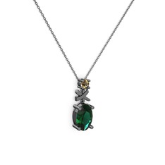 Oval Taşlı X kolye - Yeşil kuvars ve dumanlı kuvars 925 ayar siyah rodyum kaplama gümüş kolye (40 cm gümüş rolo zincir) #12lz9ig