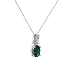 Oval Taşlı X kolye - Yeşil kuvars ve swarovski 14 ayar beyaz altın kolye (40 cm beyaz altın rolo zincir) #12qtmel