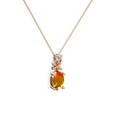 Oval Taşlı X kolye - Sitrin ve pırlanta 14 ayar rose altın kolye (0.24 karat, 40 cm rose altın rolo zincir) #137vvnt
