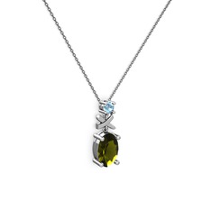 Oval Taşlı X kolye - Peridot ve akuamarin 18 ayar beyaz altın kolye (40 cm gümüş rolo zincir) #13llmo3