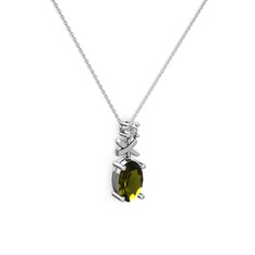 Oval Taşlı X kolye - Peridot ve beyaz zirkon 8 ayar beyaz altın kolye (40 cm beyaz altın rolo zincir) #13mb029