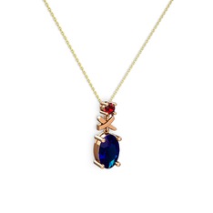 Oval Taşlı X kolye - Lab safir ve garnet 8 ayar rose altın kolye (40 cm altın rolo zincir) #13rbobh