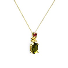 Oval Taşlı X kolye - Peridot ve garnet 14 ayar altın kolye (40 cm gümüş rolo zincir) #1426hd5