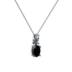 Oval Taşlı X kolye - Siyah zirkon ve akuamarin 925 ayar siyah rodyum kaplama gümüş kolye (40 cm gümüş rolo zincir) #143nvgd
