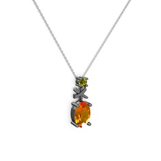 Oval Taşlı X kolye - Sitrin ve peridot 925 ayar siyah rodyum kaplama gümüş kolye (40 cm beyaz altın rolo zincir) #144y9b0