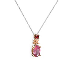 Pembe kuvars ve garnet 18 ayar rose altın kolye (40 cm beyaz altın rolo zincir)
