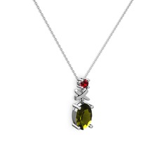 Peridot ve garnet 14 ayar beyaz altın kolye (40 cm gümüş rolo zincir)