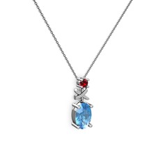 Oval Taşlı X kolye - Akuamarin ve garnet 18 ayar beyaz altın kolye (40 cm gümüş rolo zincir) #14eayo2