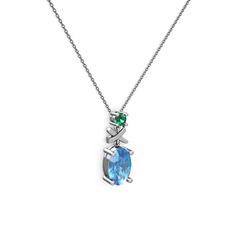 Oval Taşlı X kolye - Akuamarin ve yeşil kuvars 8 ayar beyaz altın kolye (40 cm gümüş rolo zincir) #14g5t7k