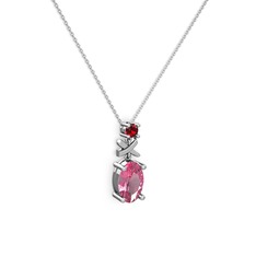 Pembe kuvars ve garnet 14 ayar beyaz altın kolye (40 cm beyaz altın rolo zincir)