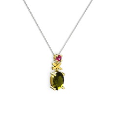 Oval Taşlı X kolye - Peridot ve rodolit garnet 14 ayar altın kolye (40 cm beyaz altın rolo zincir) #15jqeo2
