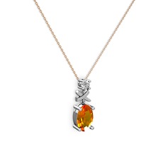 Oval Taşlı X kolye - Sitrin ve pırlanta 14 ayar beyaz altın kolye (0.24 karat, 40 cm rose altın rolo zincir) #15lw0l6