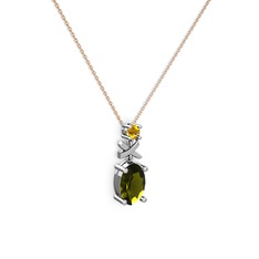 Oval Taşlı X kolye - Peridot ve sitrin 14 ayar beyaz altın kolye (40 cm rose altın rolo zincir) #15uvmwp