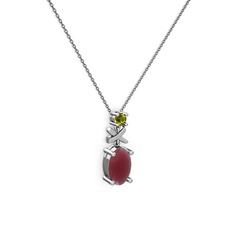 Oval Taşlı X kolye - Kök yakut ve peridot 8 ayar beyaz altın kolye (40 cm gümüş rolo zincir) #161ydkb