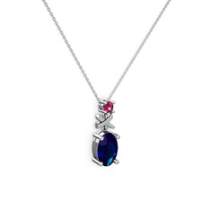 Oval Taşlı X kolye - Lab safir ve rodolit garnet 8 ayar beyaz altın kolye (40 cm gümüş rolo zincir) #161zwg