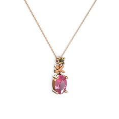 Oval Taşlı X kolye - Pembe kuvars ve dumanlı kuvars 8 ayar rose altın kolye (40 cm rose altın rolo zincir) #1637fgz