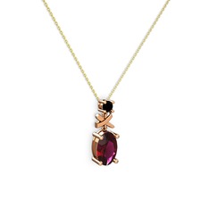 Oval Taşlı X kolye - Rodolit garnet ve siyah zirkon 14 ayar rose altın kolye (40 cm gümüş rolo zincir) #16a5sxk