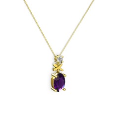 Oval Taşlı X kolye - Ametist ve swarovski 8 ayar altın kolye (40 cm altın rolo zincir) #16efde4