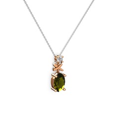 Oval Taşlı X kolye - Peridot ve beyaz zirkon 8 ayar rose altın kolye (40 cm beyaz altın rolo zincir) #16kba2h