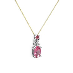 Oval Taşlı X kolye - Pembe kuvars ve kök yakut 925 ayar gümüş kolye (40 cm altın rolo zincir) #16tu104