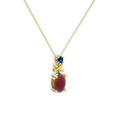Oval Taşlı X kolye - Kök yakut ve lab safir 18 ayar altın kolye (40 cm altın rolo zincir) #16x2asw