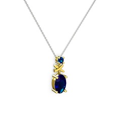 Oval Taşlı X kolye - Lab safir 925 ayar altın kaplama gümüş kolye (40 cm beyaz altın rolo zincir) #16xlusn